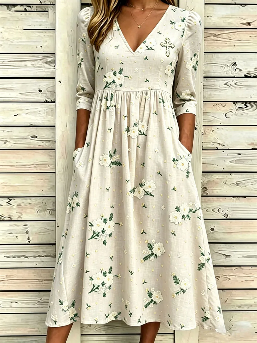 Women'S Cotton And Linen Casual Printed Loose Dress