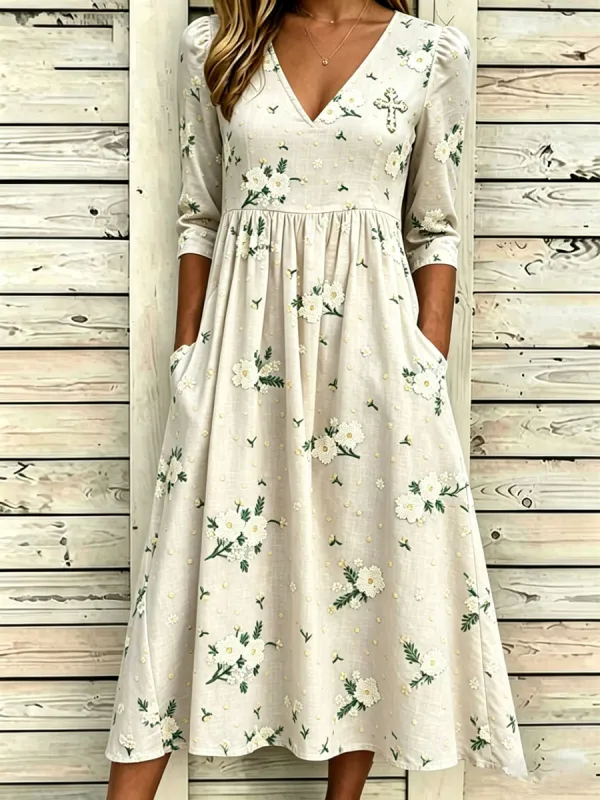 Women'S Cotton And Linen Casual Printed Loose Dress
