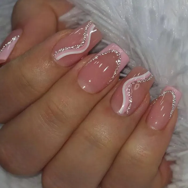 Nailhour French Square Nude Clean Girl 24Pcs Pink Wedding Press On Nails