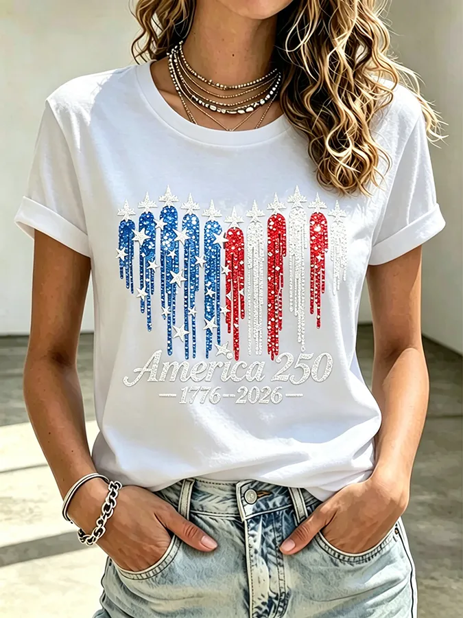 Ladies' Casual American 250Th Anniversary Commemorative Sequin Personalized Printed Round Neck Short Sleeved T-Shirt