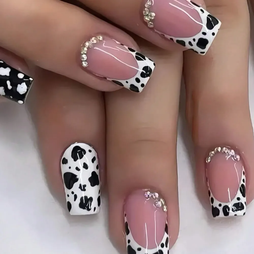 Nailhour 24pcs Rhinestone Daily Medium Square Press On Nails
