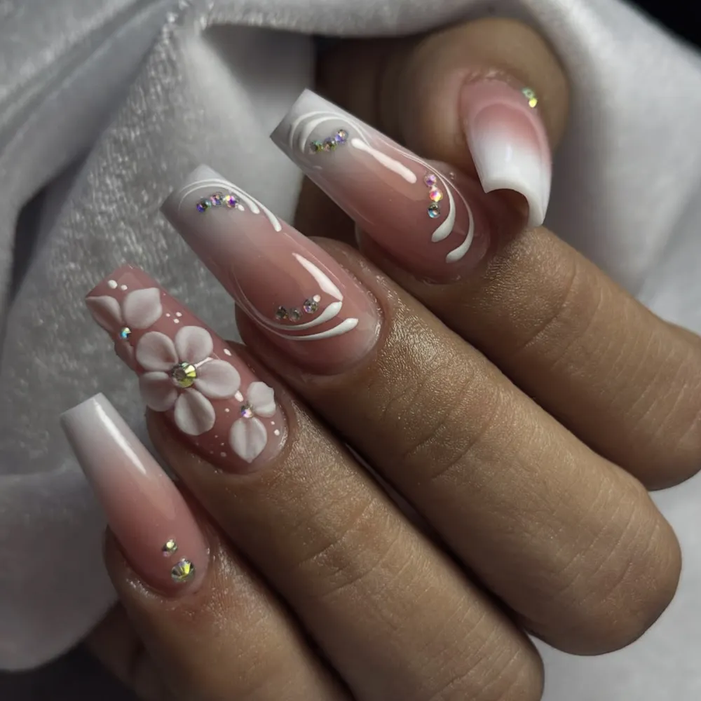 Nailhour 24Pcs 3D Pink Gradient Long Square Press On Nails