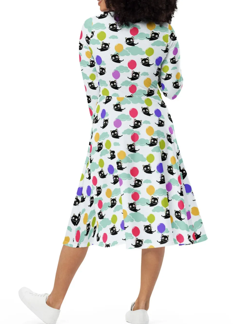 Black Cat Balloon Print Midi Dress