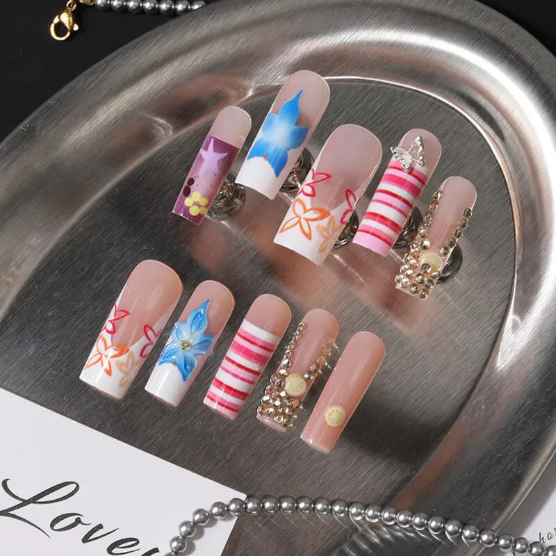 Nailhour 24Pcs French 3D Y2K Extra Long Square Press On Nails