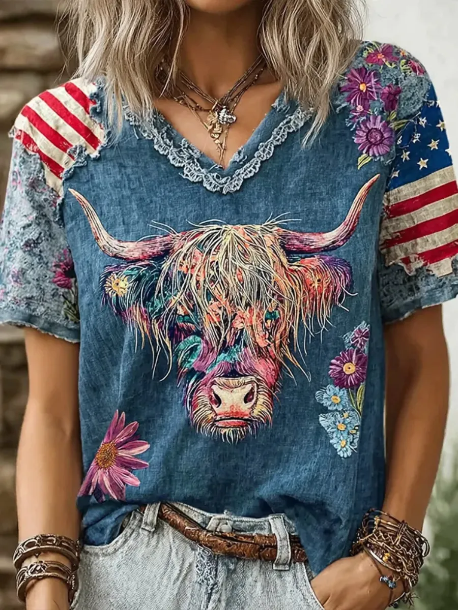 Women's America's 250th Anniversary Vintage Scottish Highland Cow Print T-Shirt