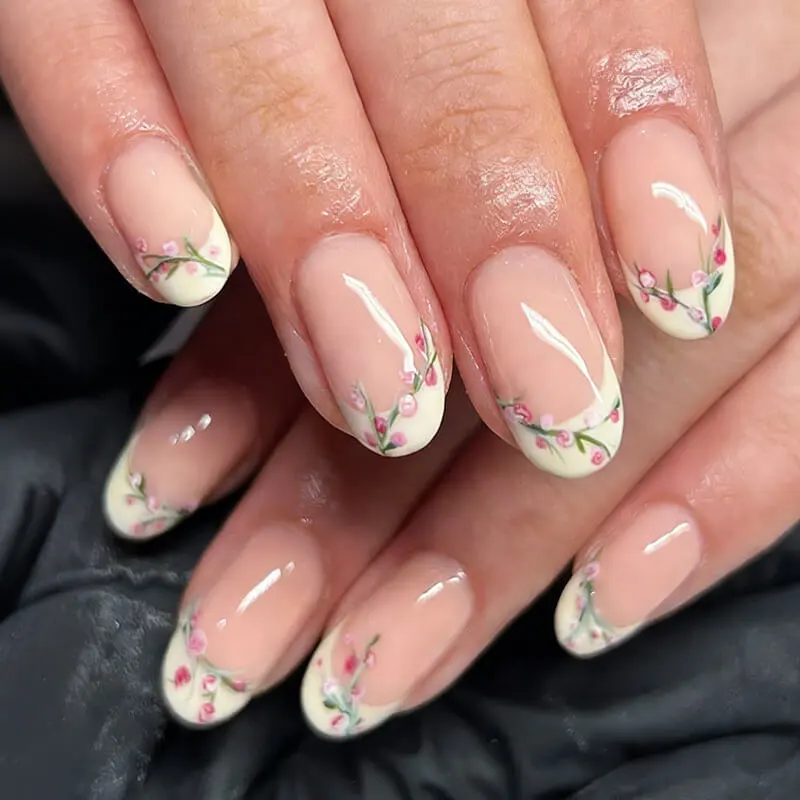 Nailhour 24Pcs French Floral Medium Oval Press On Nails