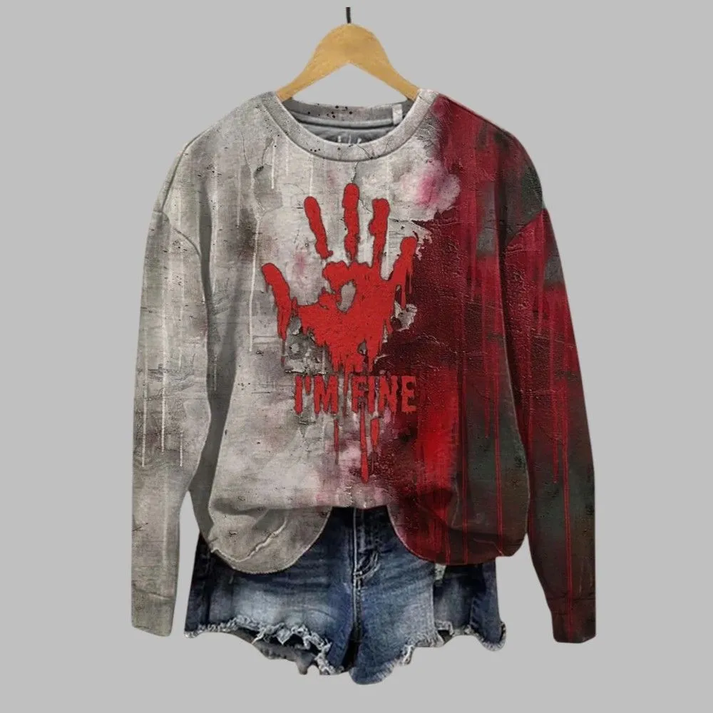 2025 Halloween Horror Bloody I’m Fine Print Casual Sweatshirt