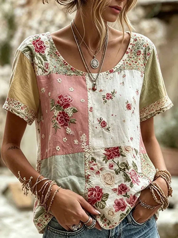 Women's casual floral patterned cotton and linen round neck top