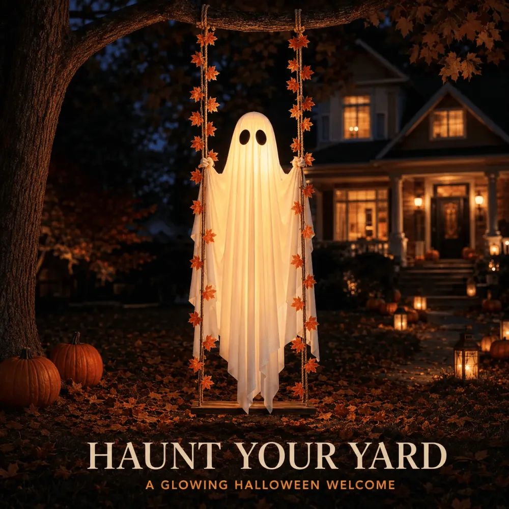 Halloween Porch/Garden Large Maple Leaf Swing Ghost Glowing Ornament