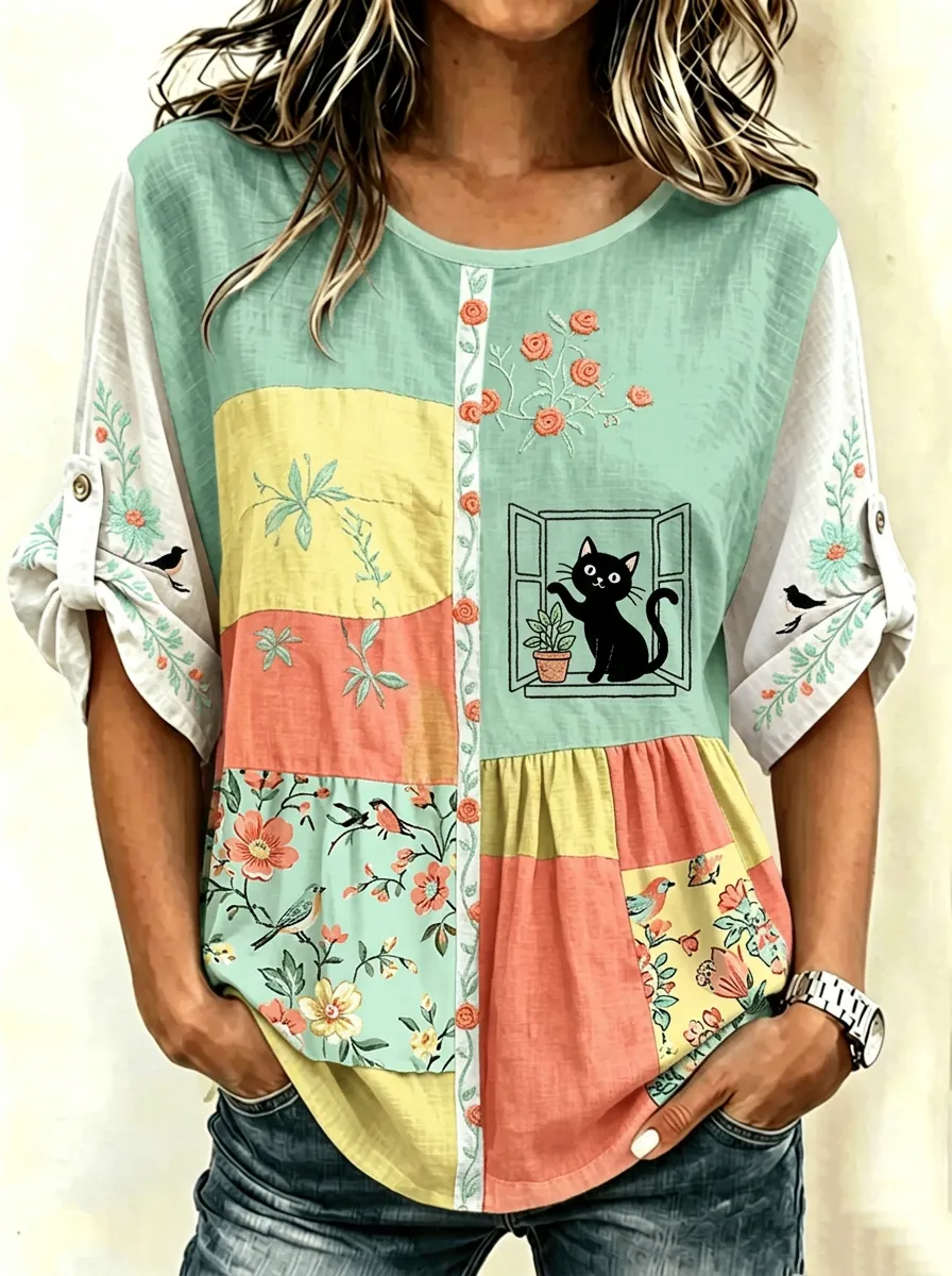 Women's Cat Lover Floral Patchwork Printed Cotton Linen Top