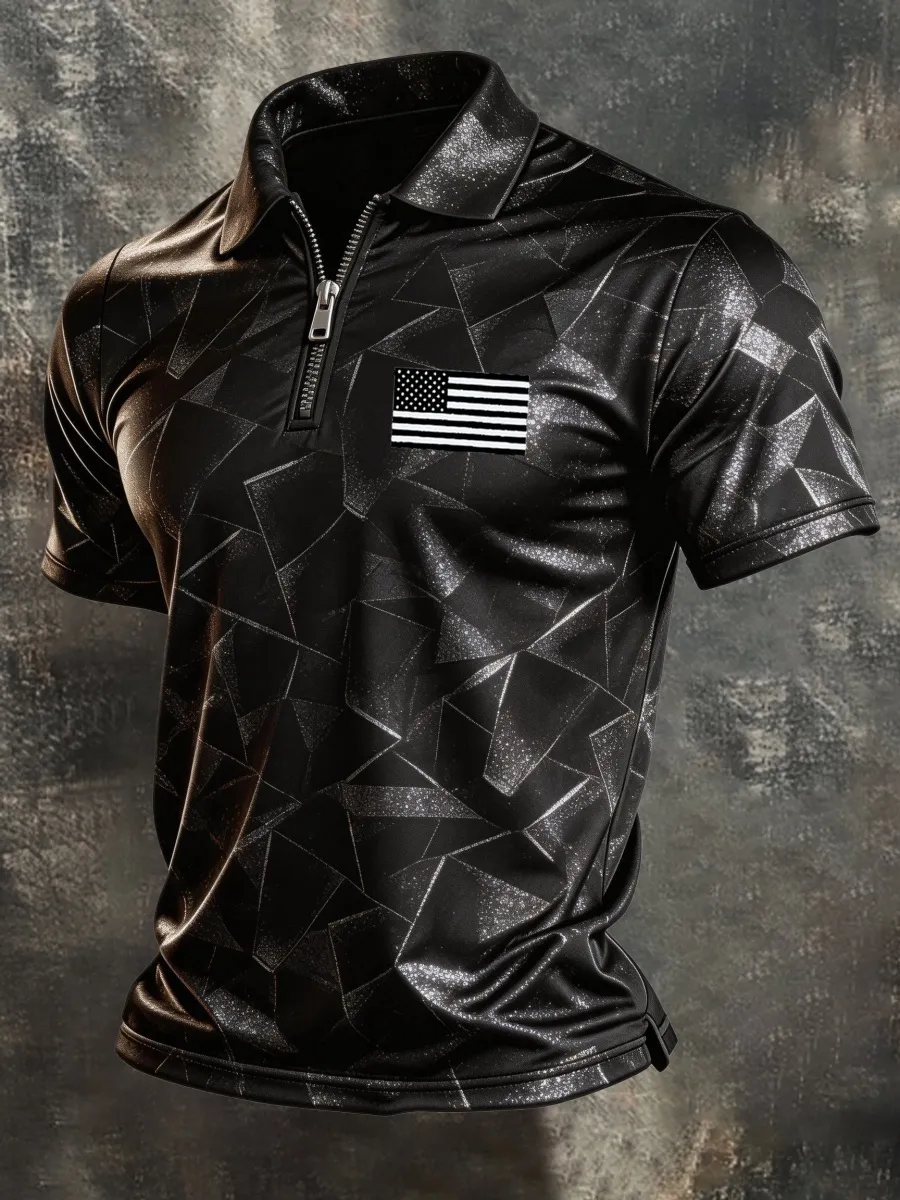 Men's Retro Patriot Color-Block Short-Sleeve Half-Zip Polo Shirt