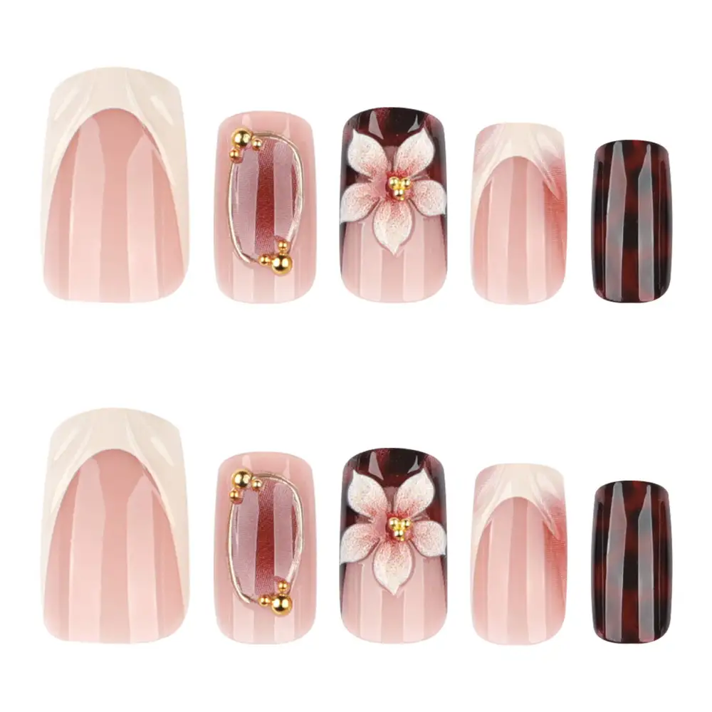 Nailhour 24Pcs French Medium Square 3D Gilded F/W Press On Nails