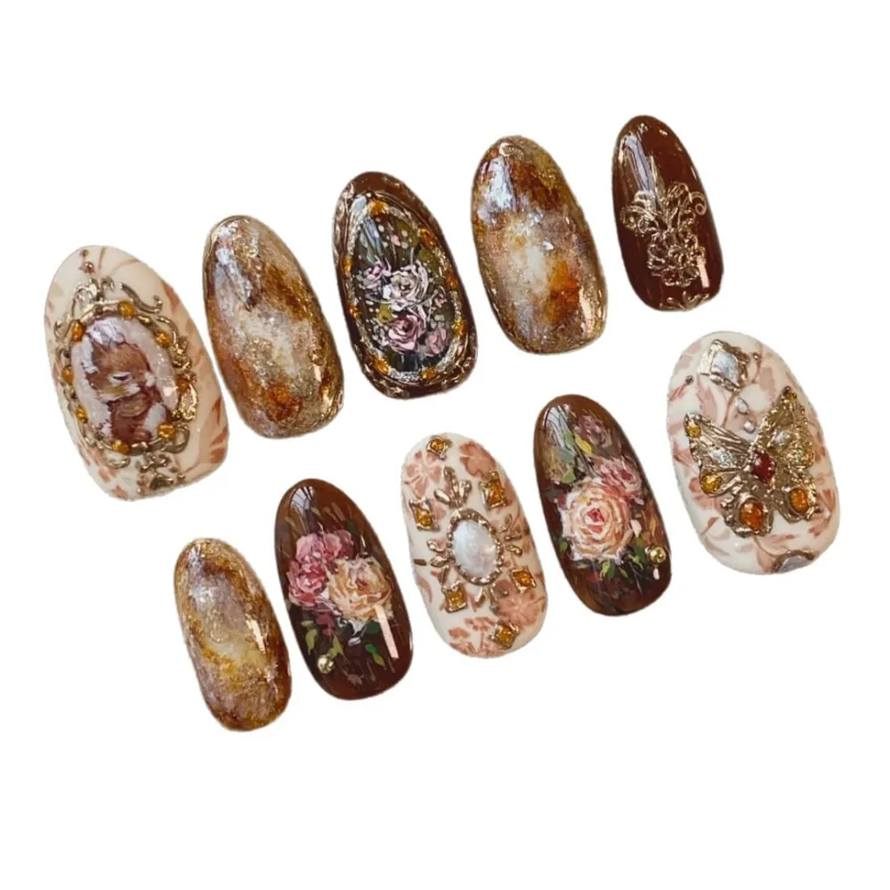 Nailhour 24Pcs Amber Rose Medium Almond French Press On Nails