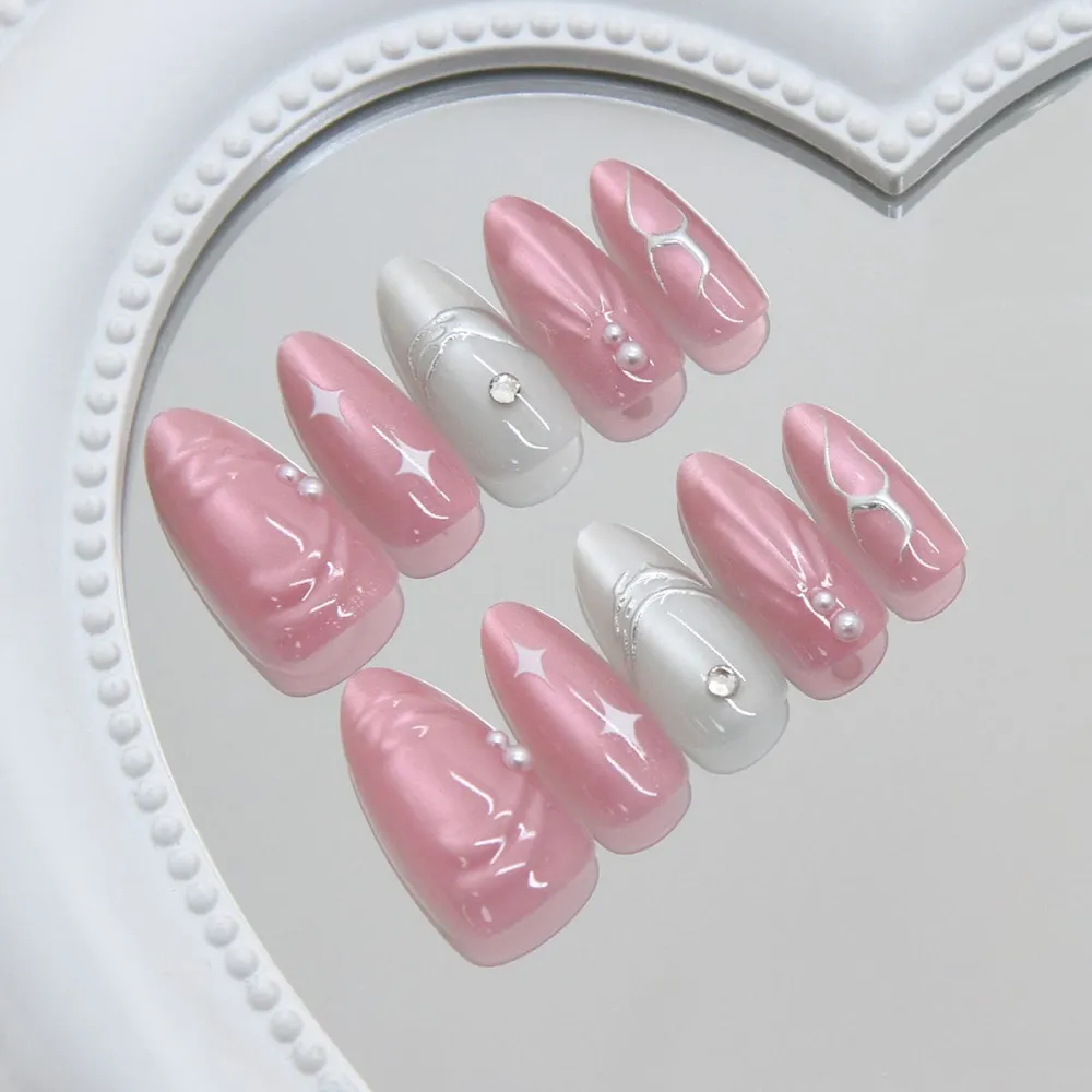 Nailhour 30Pcs 3D Pink Cat Eye Rhinestone Medium Almond Press On Nails