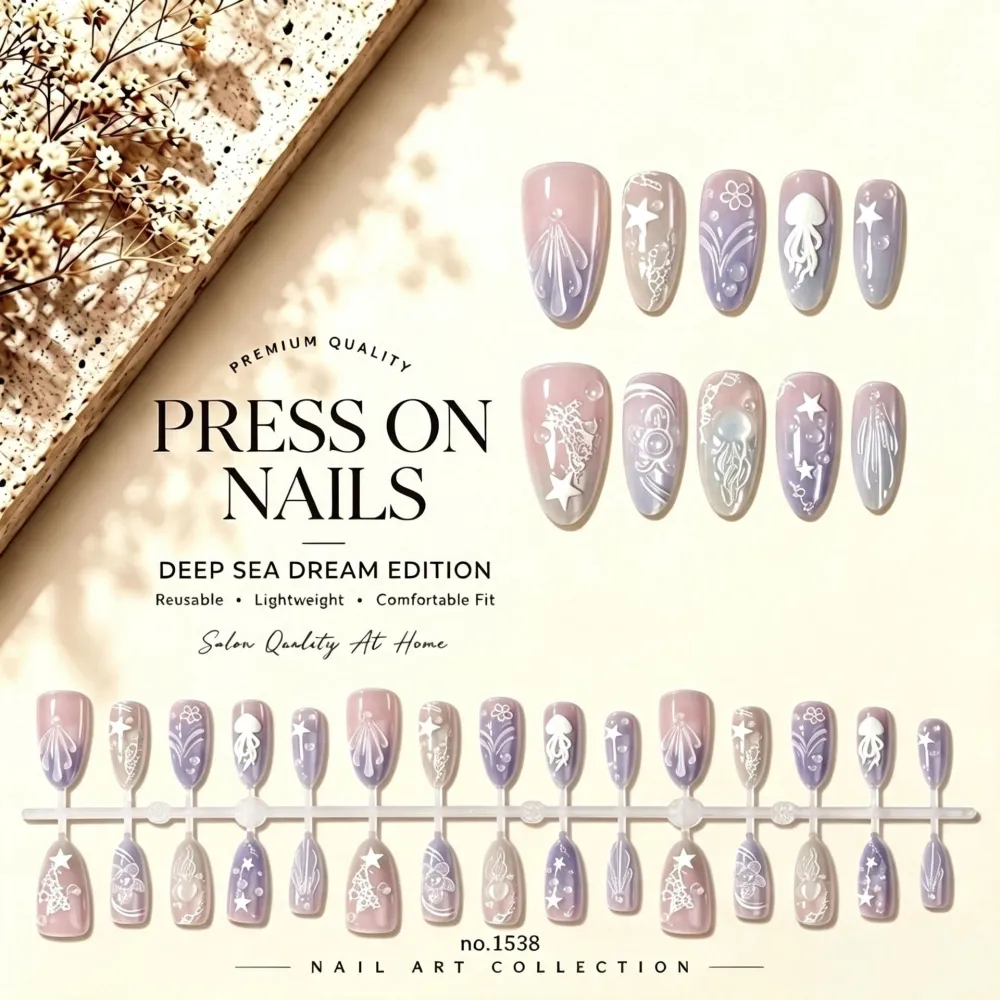 Nailhour 30Pcs Jellyfish Gradient Medium Almond French Press On Nails