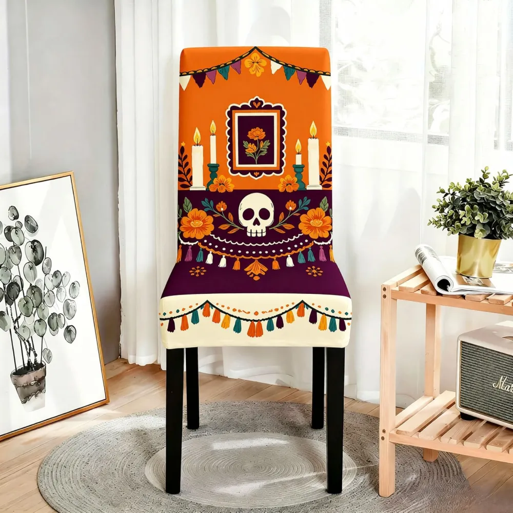 2Pcs Halloween Flower Skull Dining Chair Decoration Chair Cover