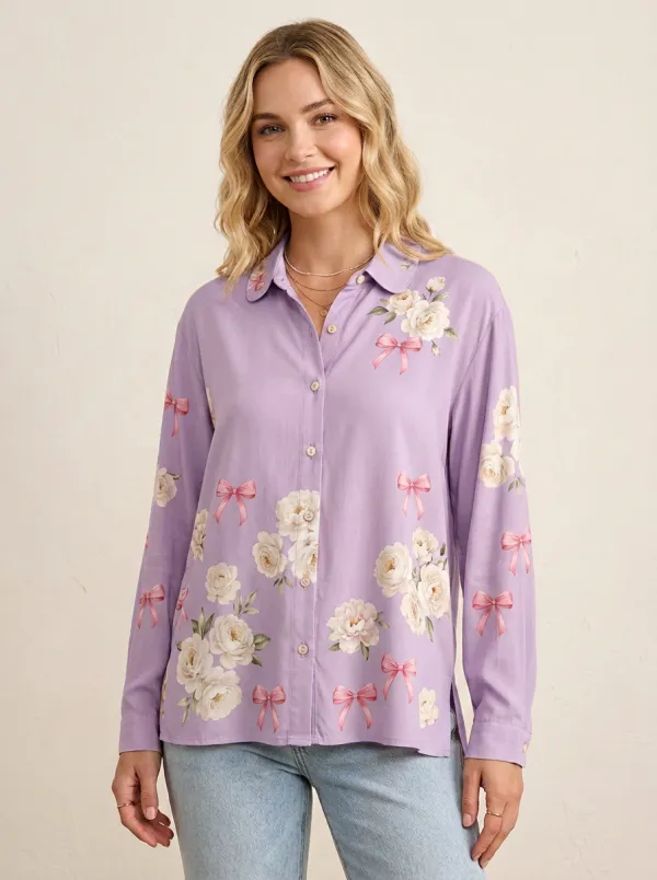 Women's Breast Cancer Awareness Pink Ribbon Floral Printed Button-Down Shirt