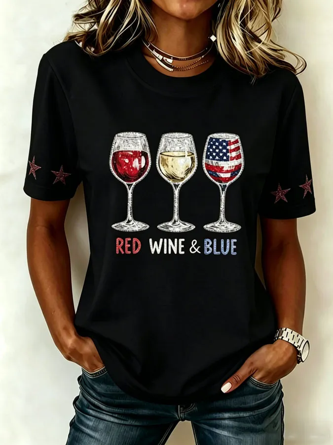 Women'S Red Wine & Blue Printed Casual T-Shirt