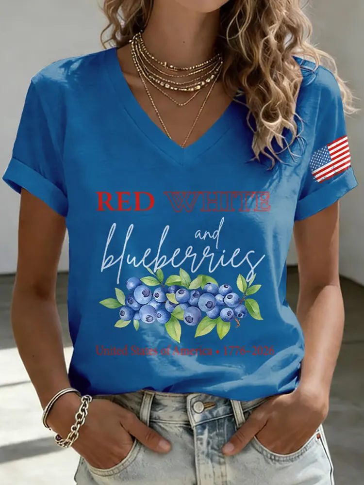 V-Neck Retro Red White And Blueberries United States Of America • 1776–2026 Print T-Shirt