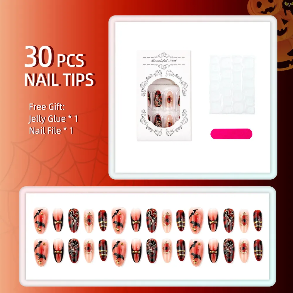 Nailhour 30Pcs Halloween 3D Medium Almond Dark Press On Nails