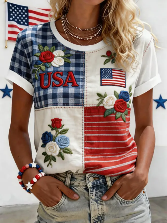 Women's Splicing Anniversary Patriot Round Neck Printed T-shirt