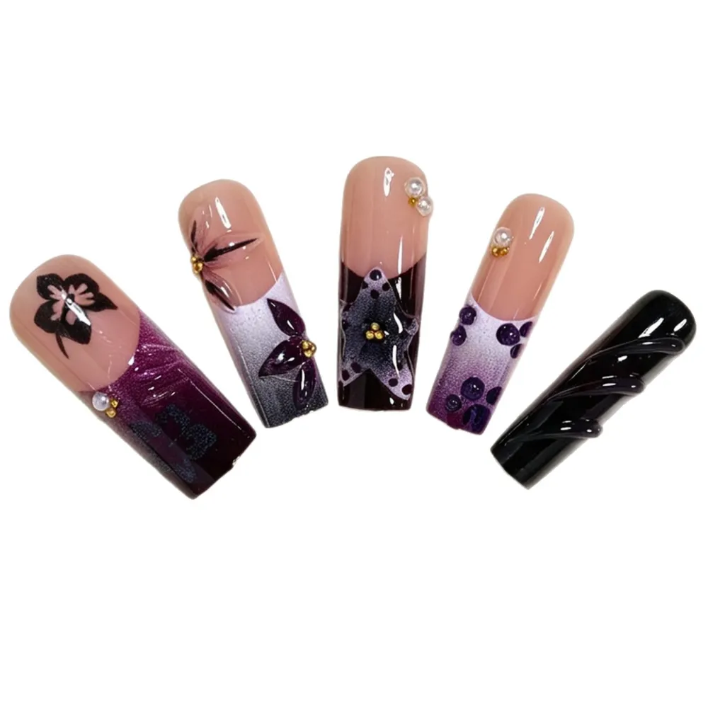 Nailhour 24Pcs 3D Purple Floral Extra Long Square Press On Nails