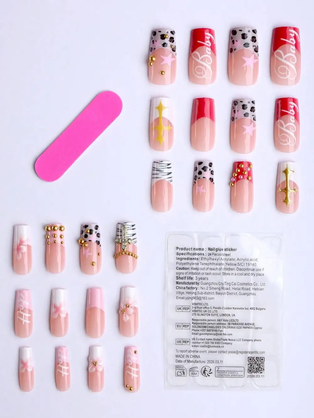 Nailhour 24Pcs 3D Long Square Rhinestone Press On Nails
