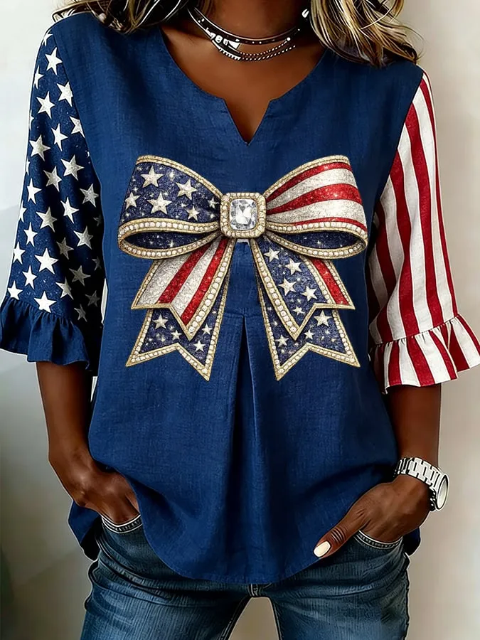 Women'S Flag Contrasting Printed Cotton And Linen Top
