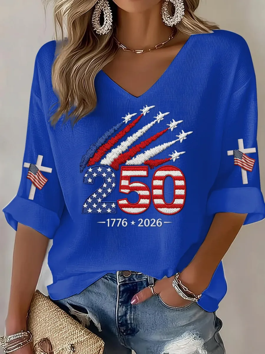 Women's 1776-2026 Anniversary Celebration Printed Half Sleeve V-Neck T-Shirt