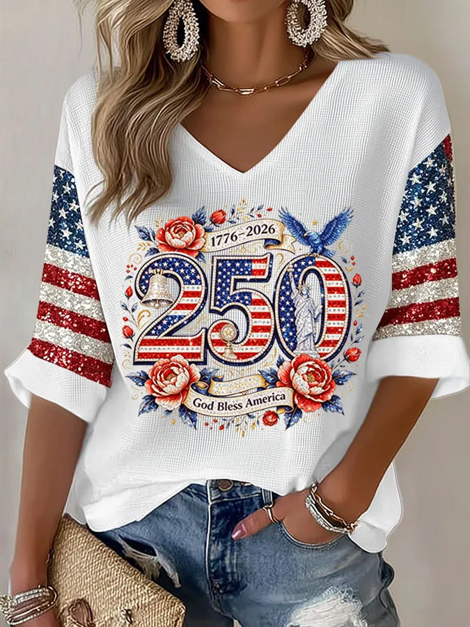 Women's American Flag Printed Casual Waffle Long Sleeve T-shirt