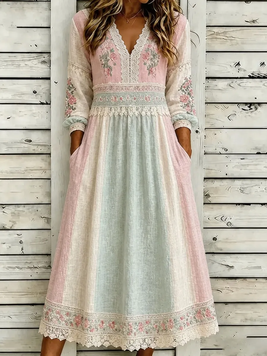 Elegant Floral Print Women's Casual Linen Maxi Dress