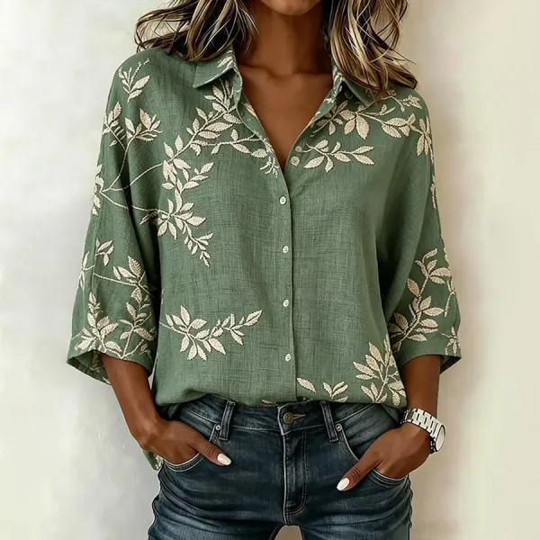 Women's Casual Collared Printed Three-Quarter Sleeve Shirt
