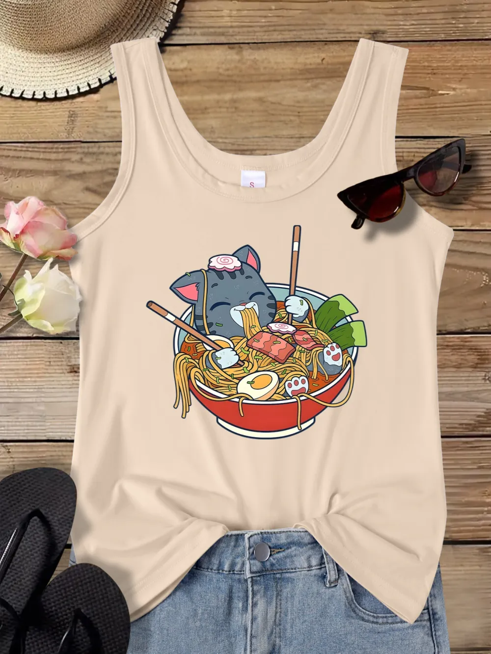 Cat Eating Ramen Print Tank Top