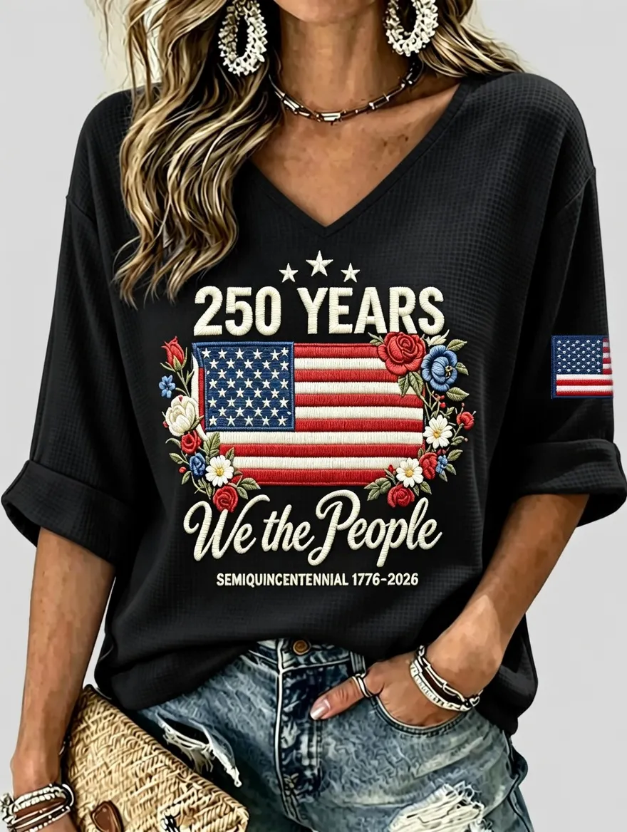 Women'S Retro Casual American Independence Day 250Th Anniversary Celebration Printed V-Neck Top