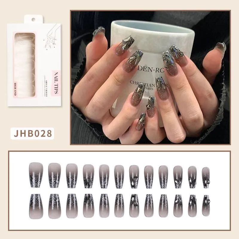 Nailhour 24Pcs Black 3D Rhinestone French Medium Coffin Gilded Press On Nails