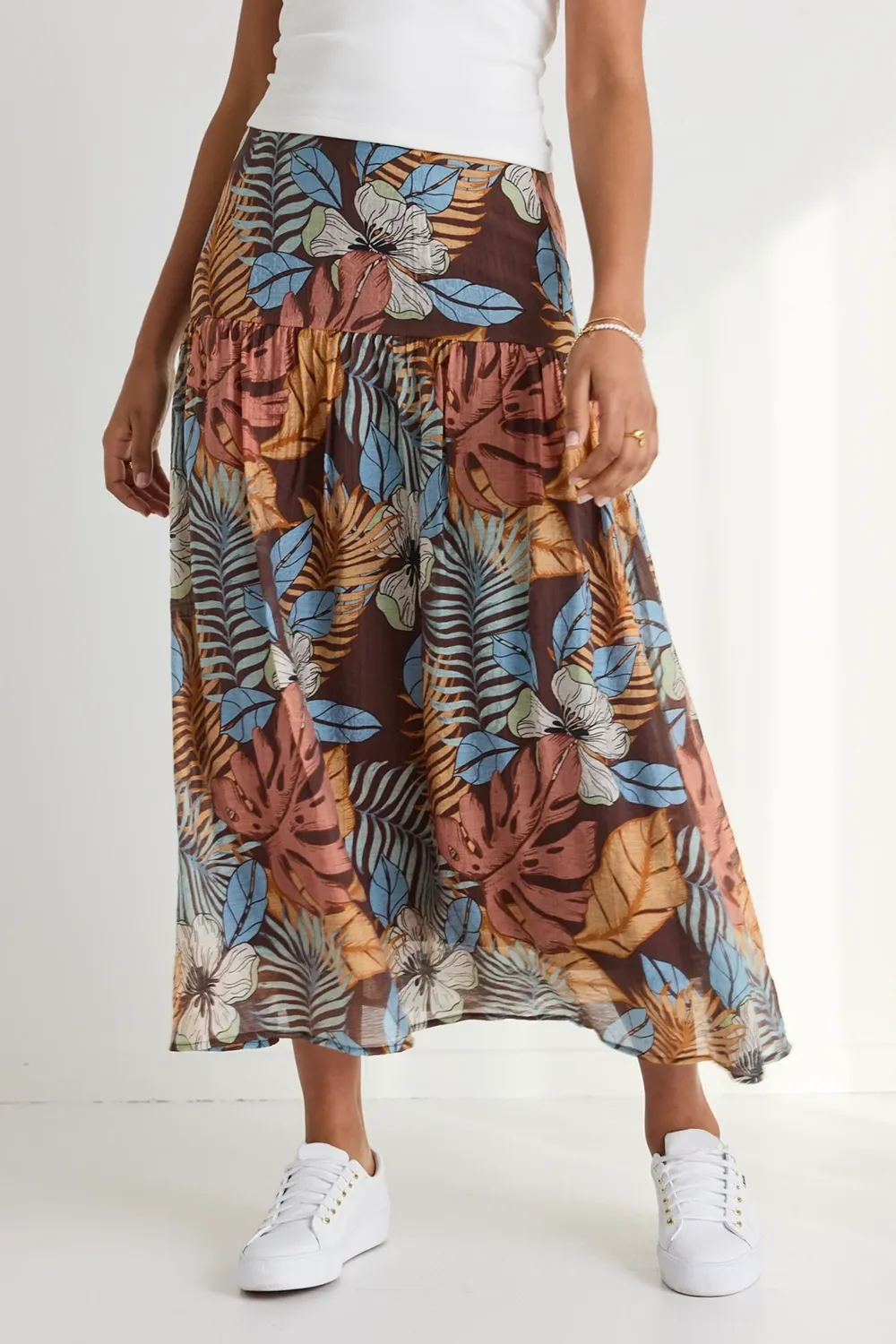 Floral Print Tiered Midi Skirt