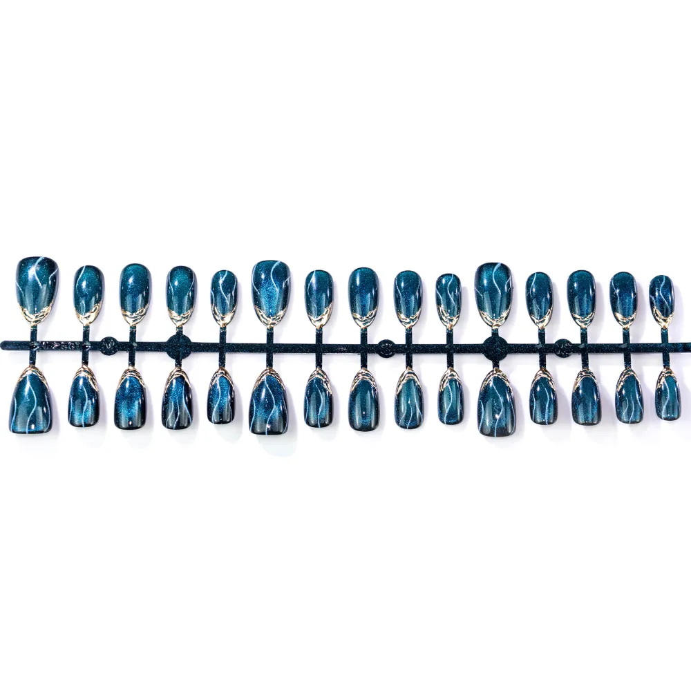 Nailhour 30Pcs Blue Cat Eye Medium Almond Press On Nails