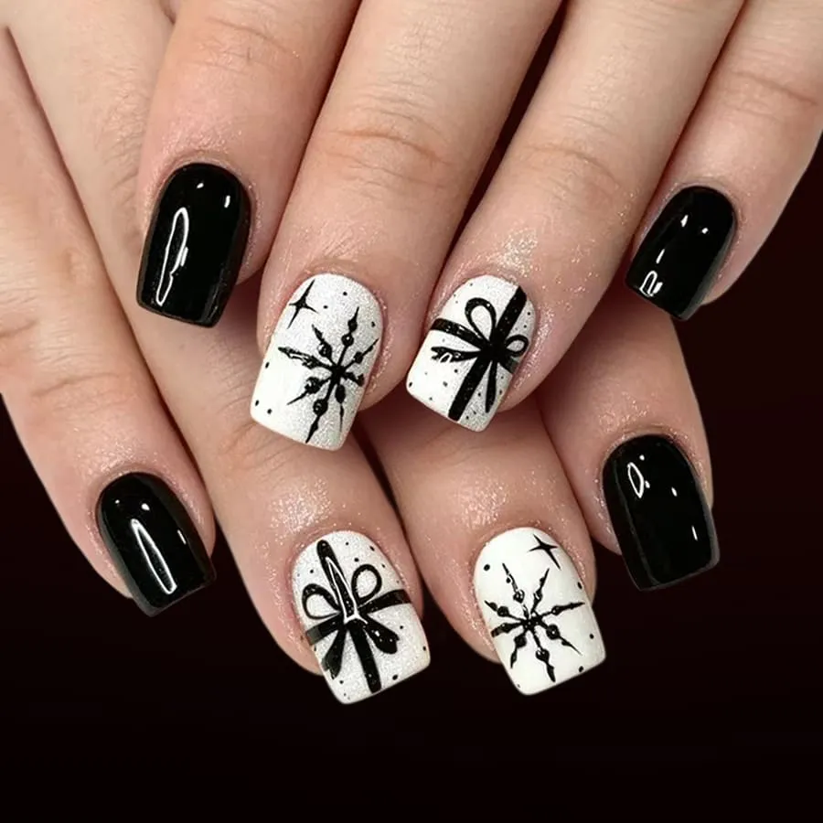 Nailhour 24Pcs Christmas Glitter Medium Square French Press On Nails