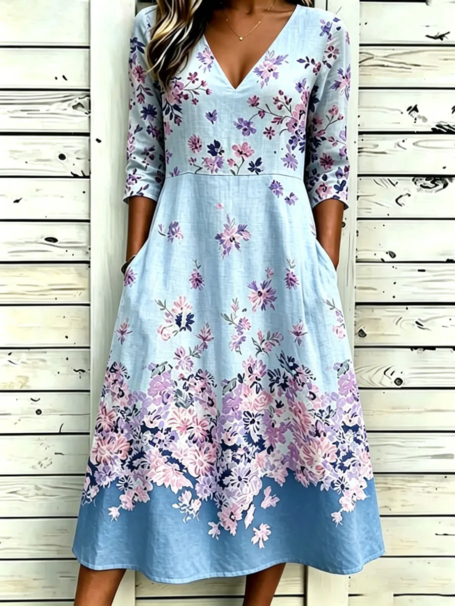 Women'S Cotton And Linen Casual Printed Dress