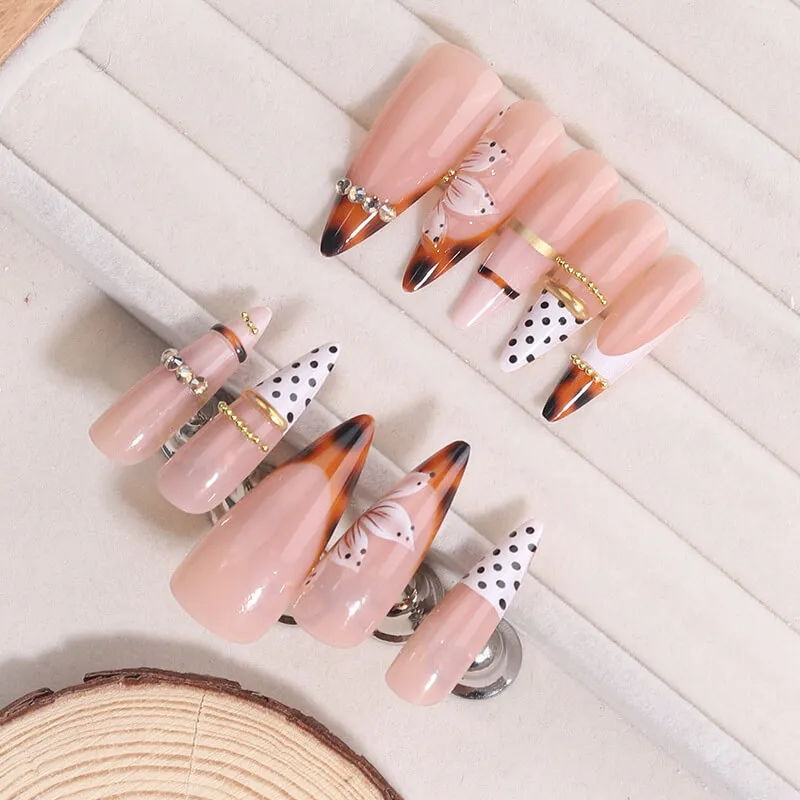 Nailhour 24Pcs French Long Almond Modern Amber Press On Nails