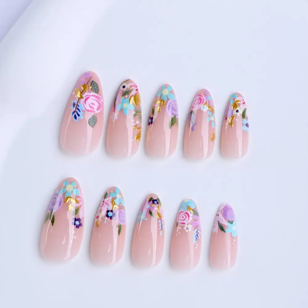 Nailhour 24Pcs Multicolor Floral Glitter Medium Almond Press On Nails