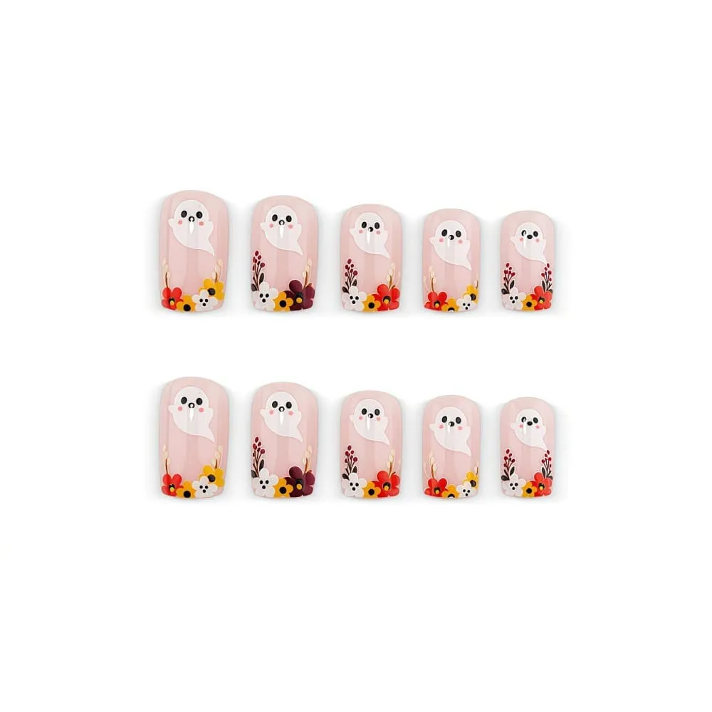 Nailhour 24Pcs French Halloween Cute Floral Ghost Short Square Press On Nails