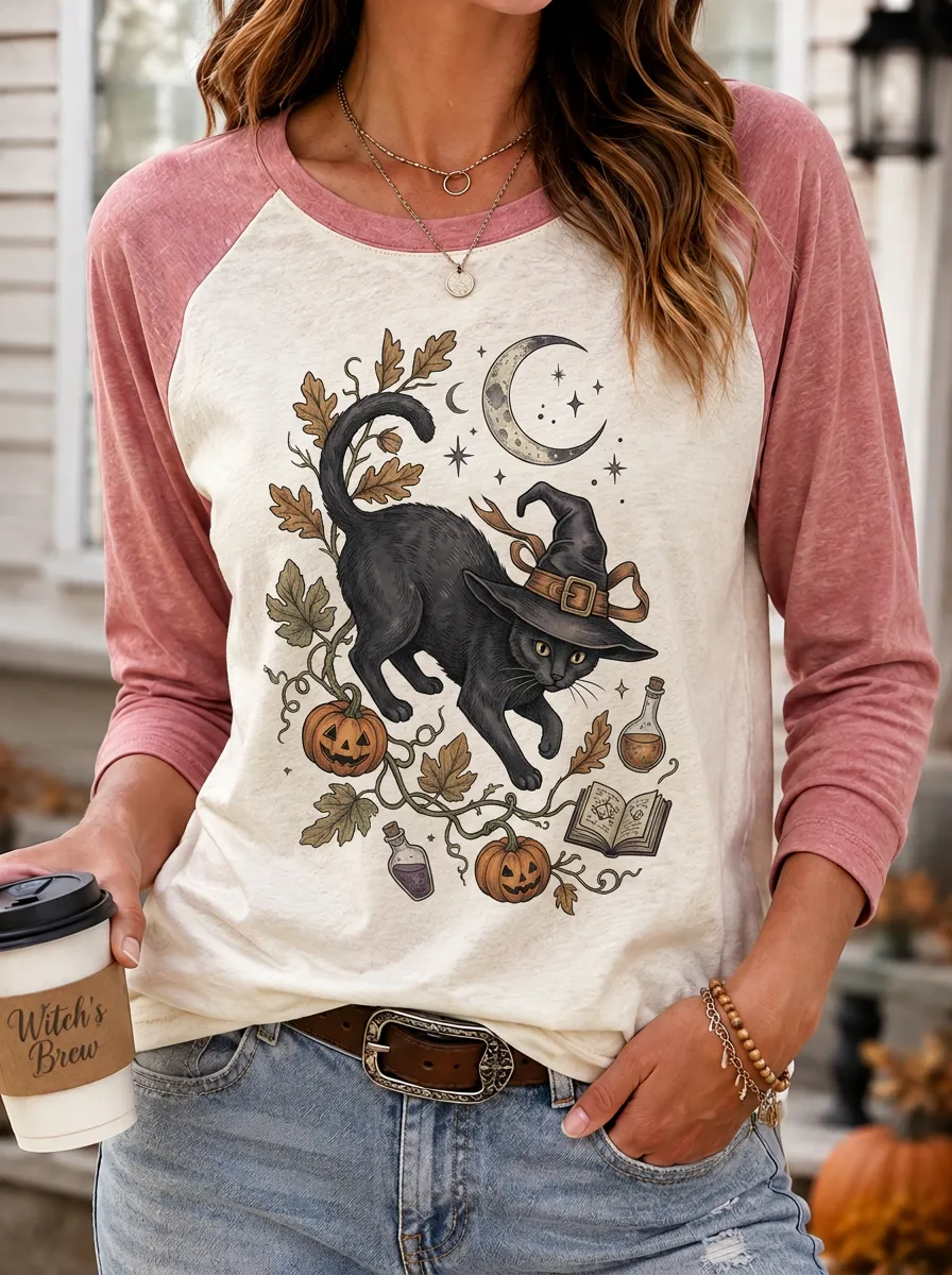 Women's Halloween Witch Cat Pumpkin Moon Printed Raglan T-shirt