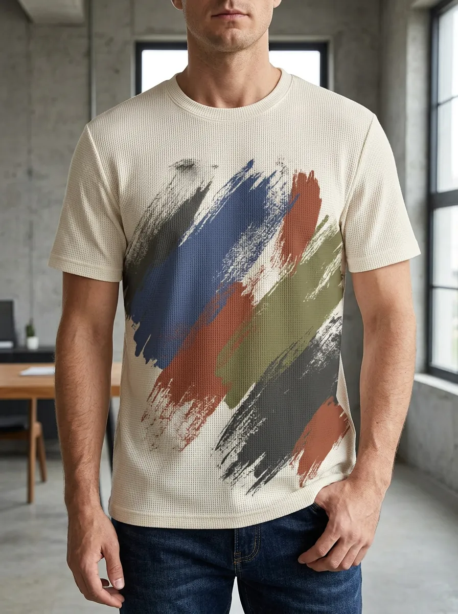 Men's Abstract Art Brushstroke Waffle Crew Neck T-Shirt