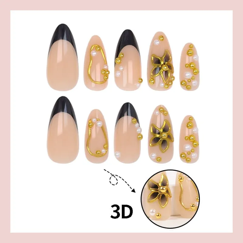 Nailhour 24Pcs 3D Gilded Floral Black Medium Almond Press On Nails