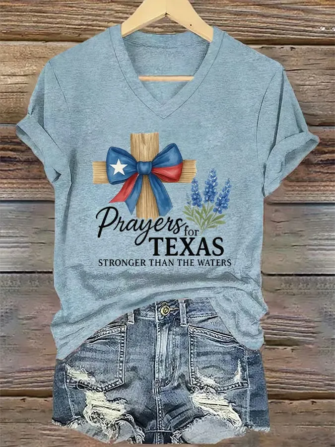 V-Neck Retro Prayers For Texas Print T-Shirt