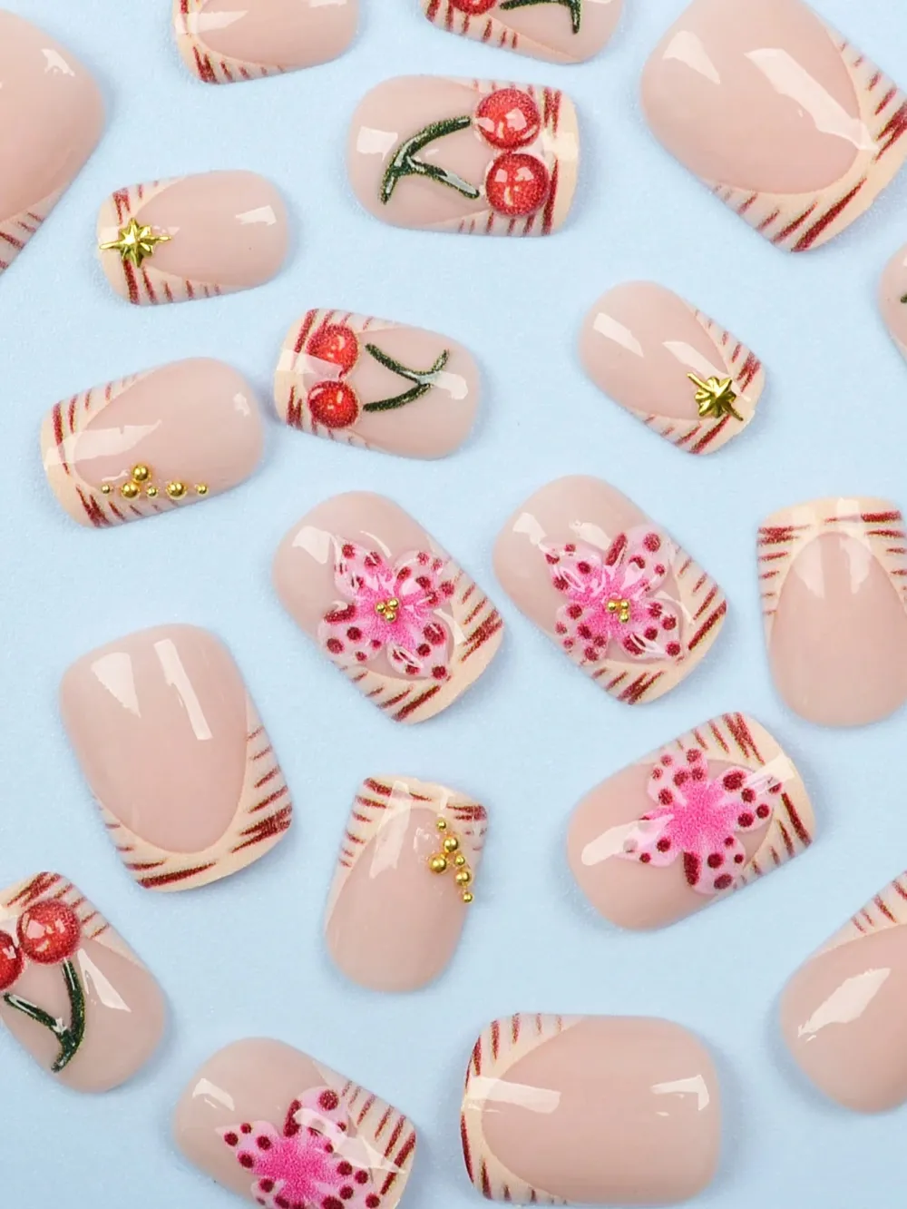 Nailhour 24Pcs French 3D Flower Cherry Nail Art Acrylic Press-On Nails