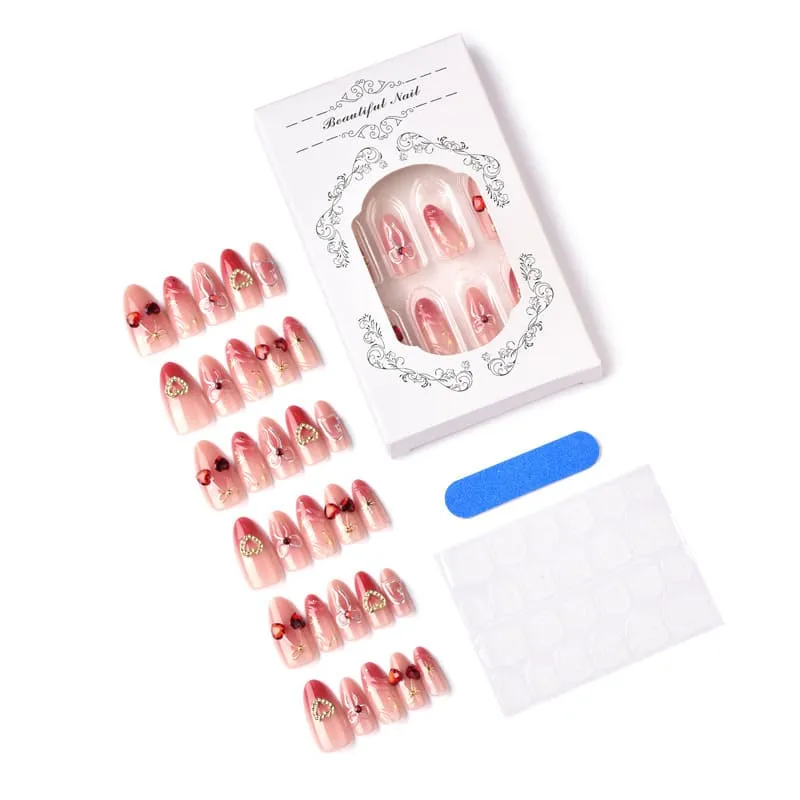 Nailhour 30Pcs Heart Bow 3D Medium Almond French Press On Nails