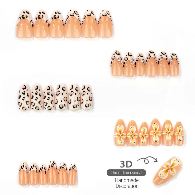 Nailhour 30Pcs 3D Floral French Leopard Print Medium Almond Press On Nails