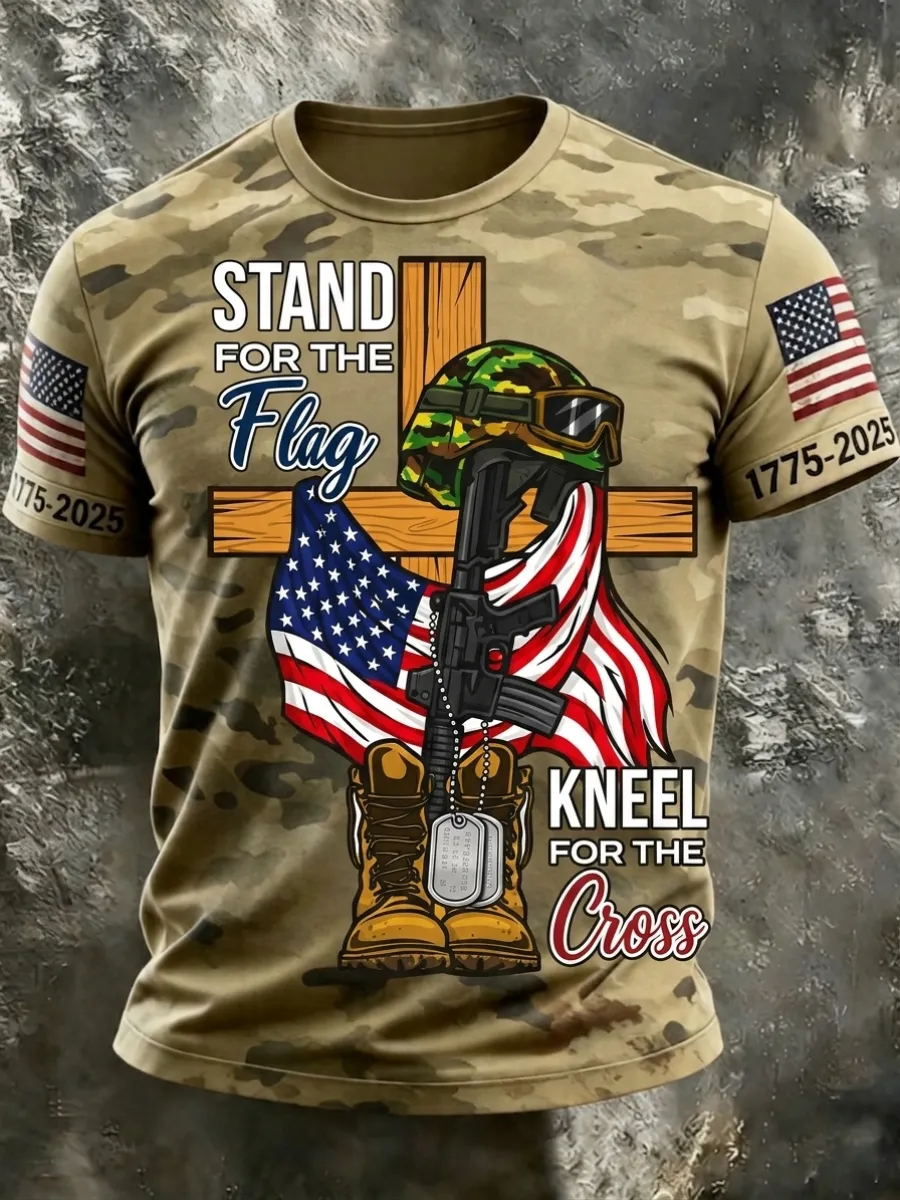 Men's America's 250th Anniversary Stand For The Flag Kneel For The Cross Faith Christian Cross Print T-Shirt